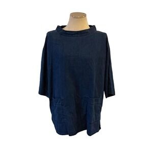 Eileen Fisher Denim Tunic Top w Pockets Sz L Tencel & Organic Cotton Blend